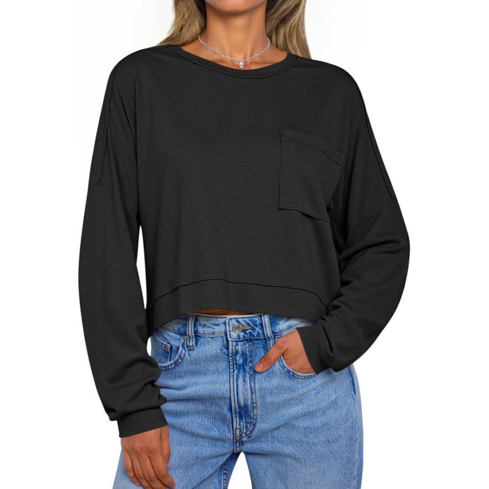 Womens Cropped Long Sleeve Shirt Cotton Blend Casual Fall Top Boxy Fit